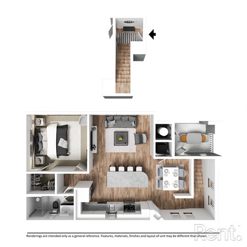 Floor plan for 1 bed, 1 bath, 897 sqft